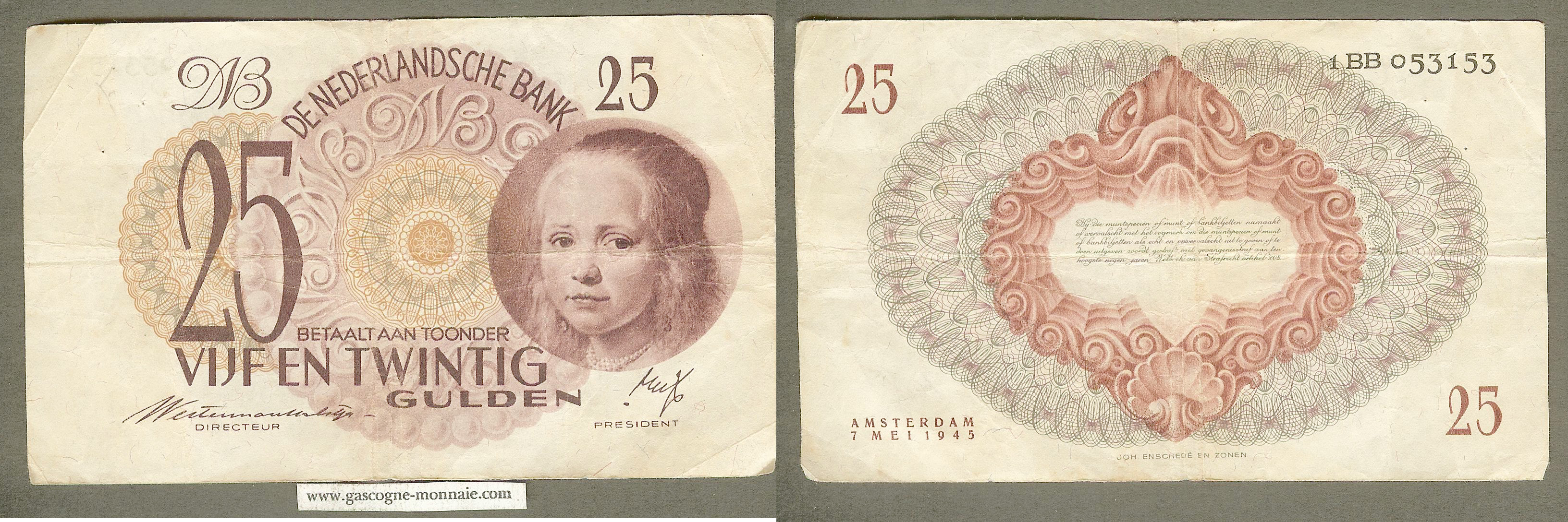 Netherlands 25 gulden 7.5.1945  P.77  gF
